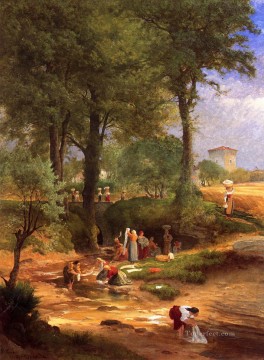 Día de lavado cerca de Perugia, también conocido como lavanderas italianas, el tonalista George Inness Pinturas al óleo
